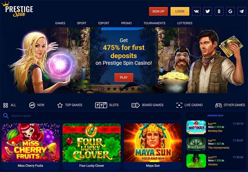 Prestige Spin casino homepage