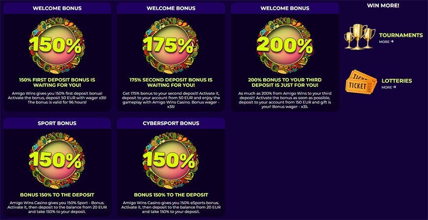 Amigo Wins casino bonuses and promotions